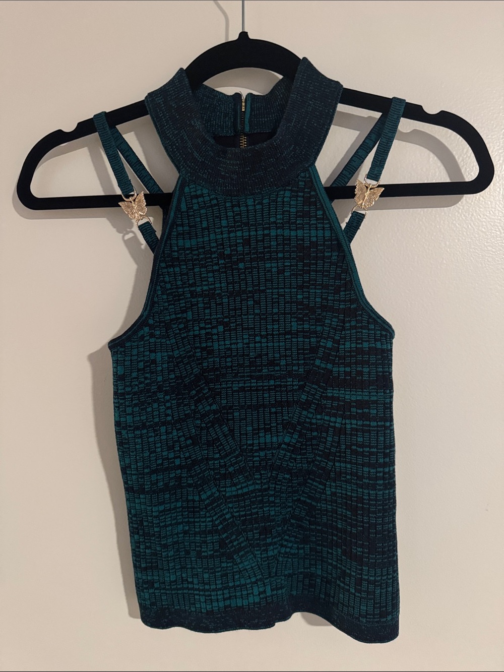 Amanda Uprichard Teal and Black High-Neck Knit Tank with Gold Accents
